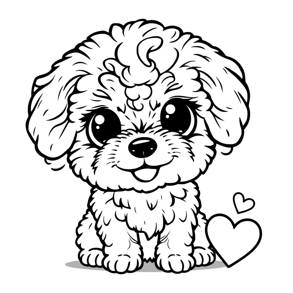 Coloriage Petit Bichon Frisé assis souriant - Chien mignon à imprimer