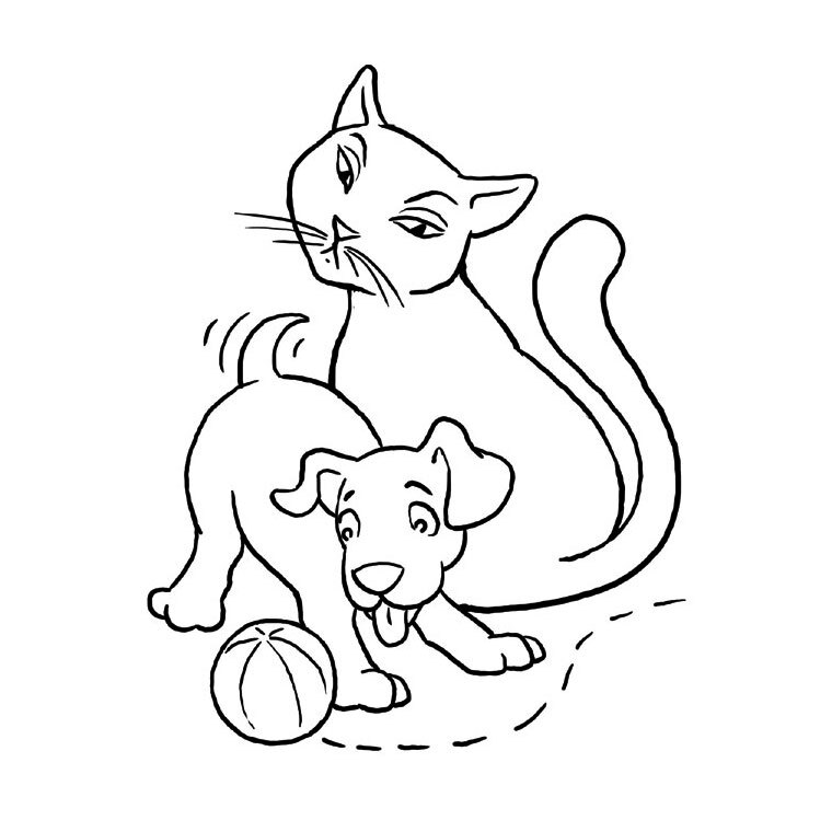 Coloriage Chien Curieux Et Chat Mefiant Jouent - Chien et chat à imprimer