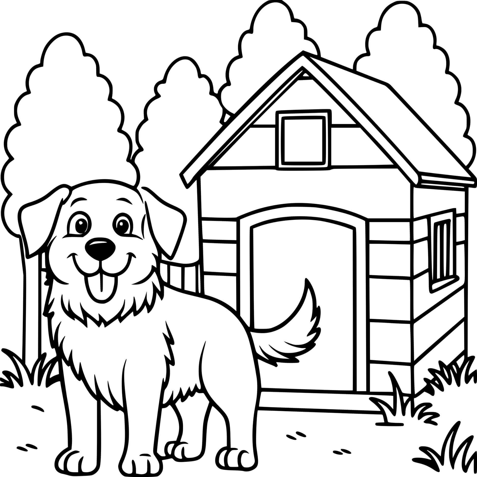 Coloriage Chien Devant Sa Maison Dans La Forêt - Chien à imprimer