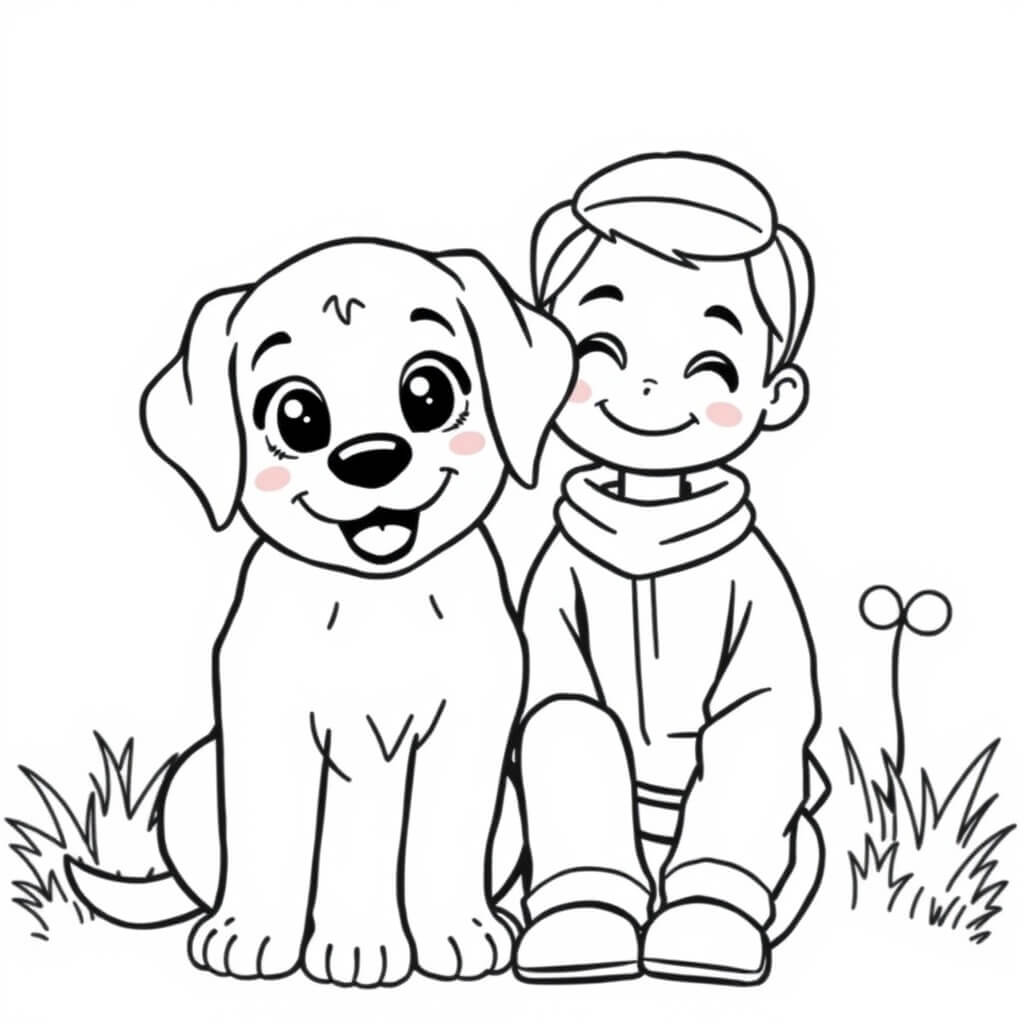 Coloriage Labrador jouant avec son maître - Chien facile à imprimer