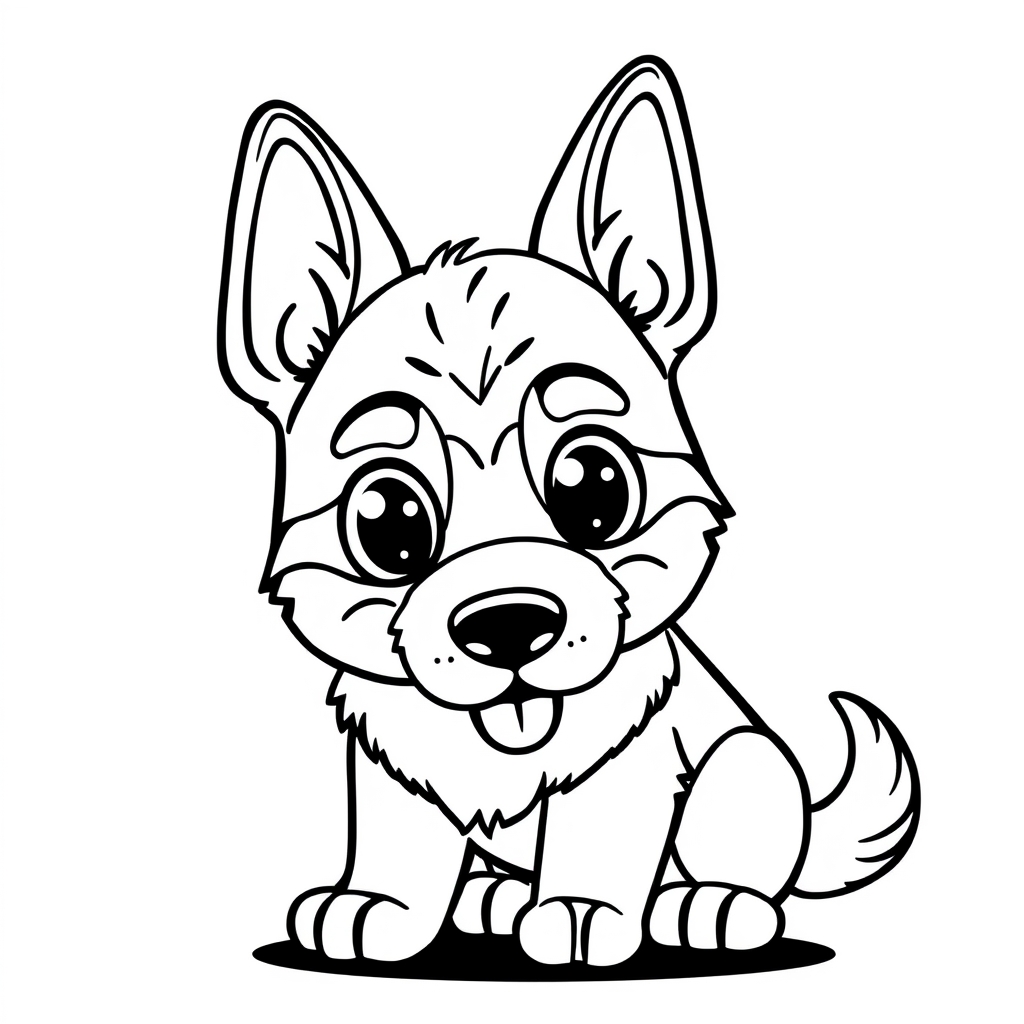 Coloriage Berger allemand kawaii aux grands yeux - Chien kawaii à imprimer