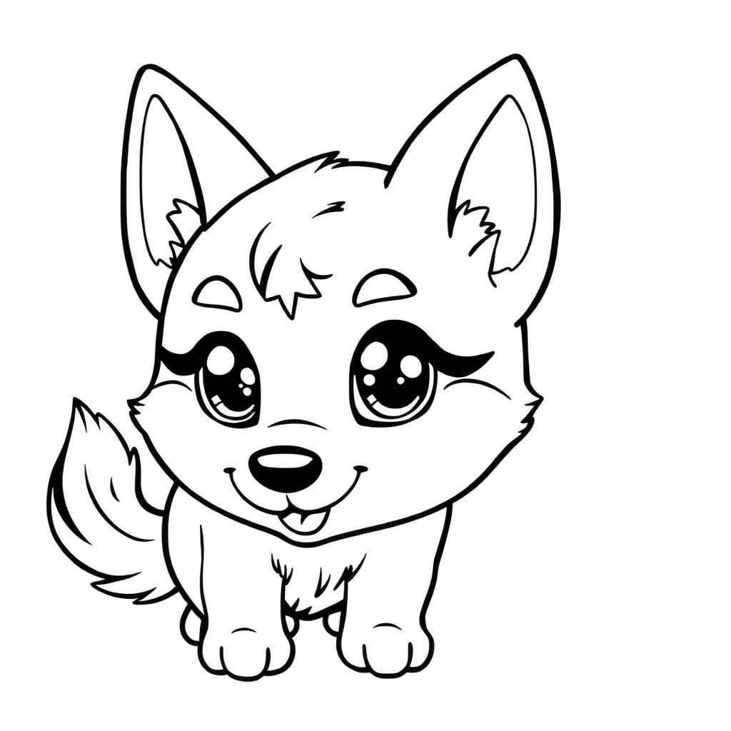 Coloriage Husky kawaii souriant mignon - Chien kawaii à imprimer