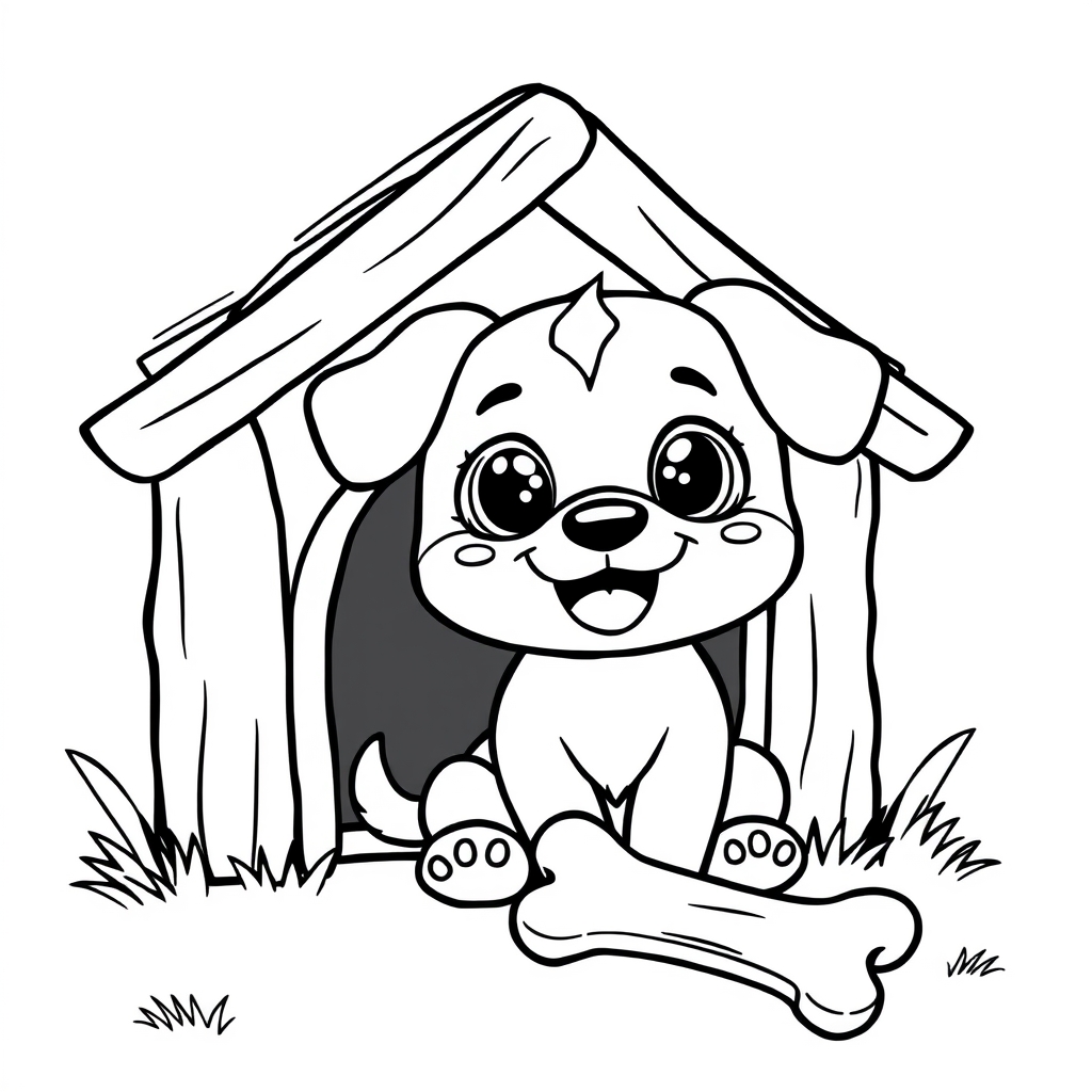 Coloriage Chiot Kawaii devant sa petite maison - Chien mignon à imprimer