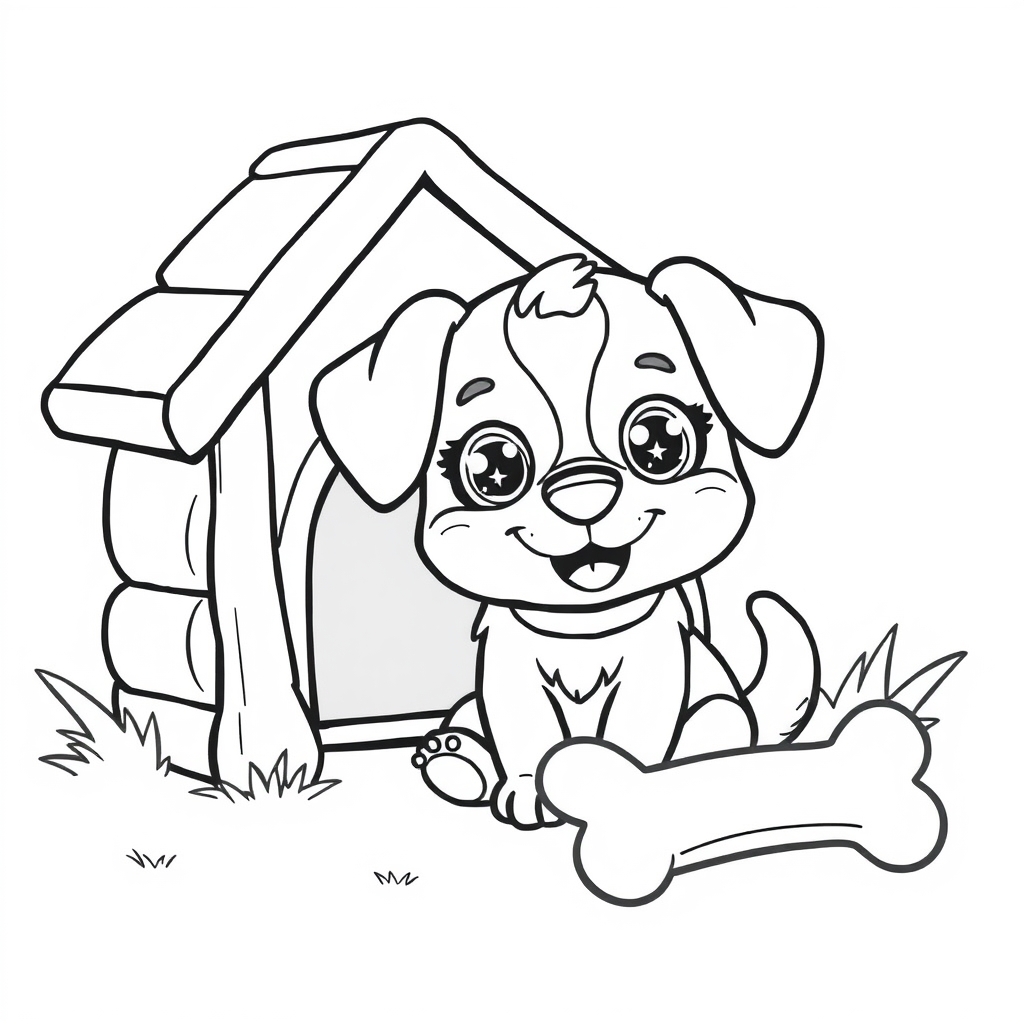 Coloriage Chiot kawaii devant sa petite maison - Chien mignon à imprimer