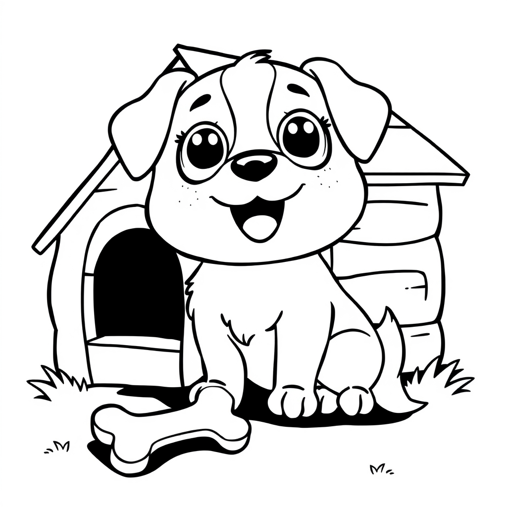 Coloriage Petit chien espiègle près de son refuge - Chien mignon à imprimer