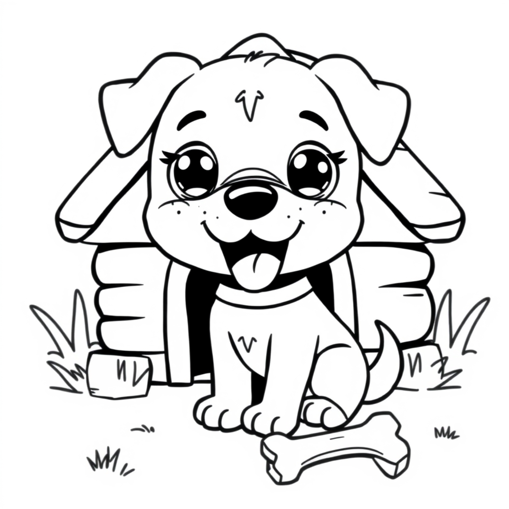 Coloriage Chien souriant devant son petit logis - Chien mignon à imprimer