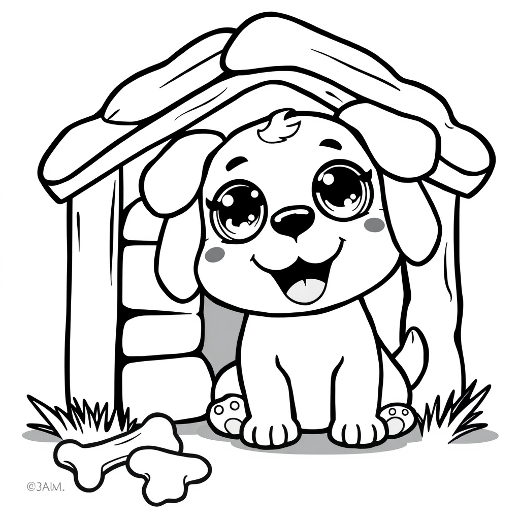 Coloriage Chiot kawaii souriant devant sa maison - Chien mignon à imprimer