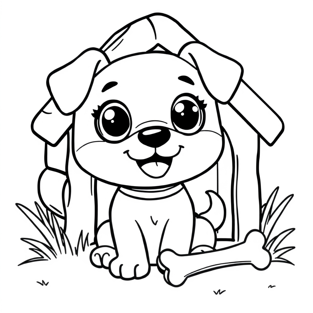 Coloriage Chien kawaii joueur près de sa demeure - Chien mignon à imprimer