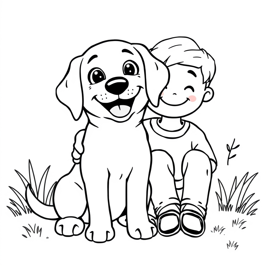 Coloriage Labrador kawaii jouant avec son maître - Chien kawaii à imprimer