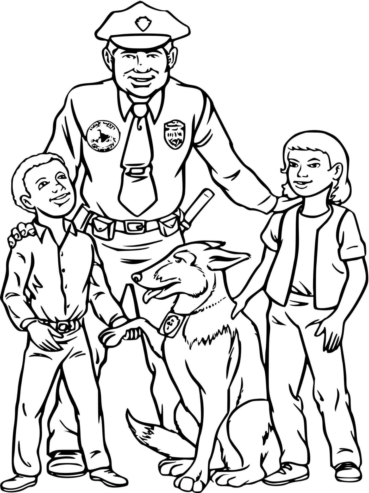 Coloriage Chien policier et agent avec deux enfants - Police à imprimer