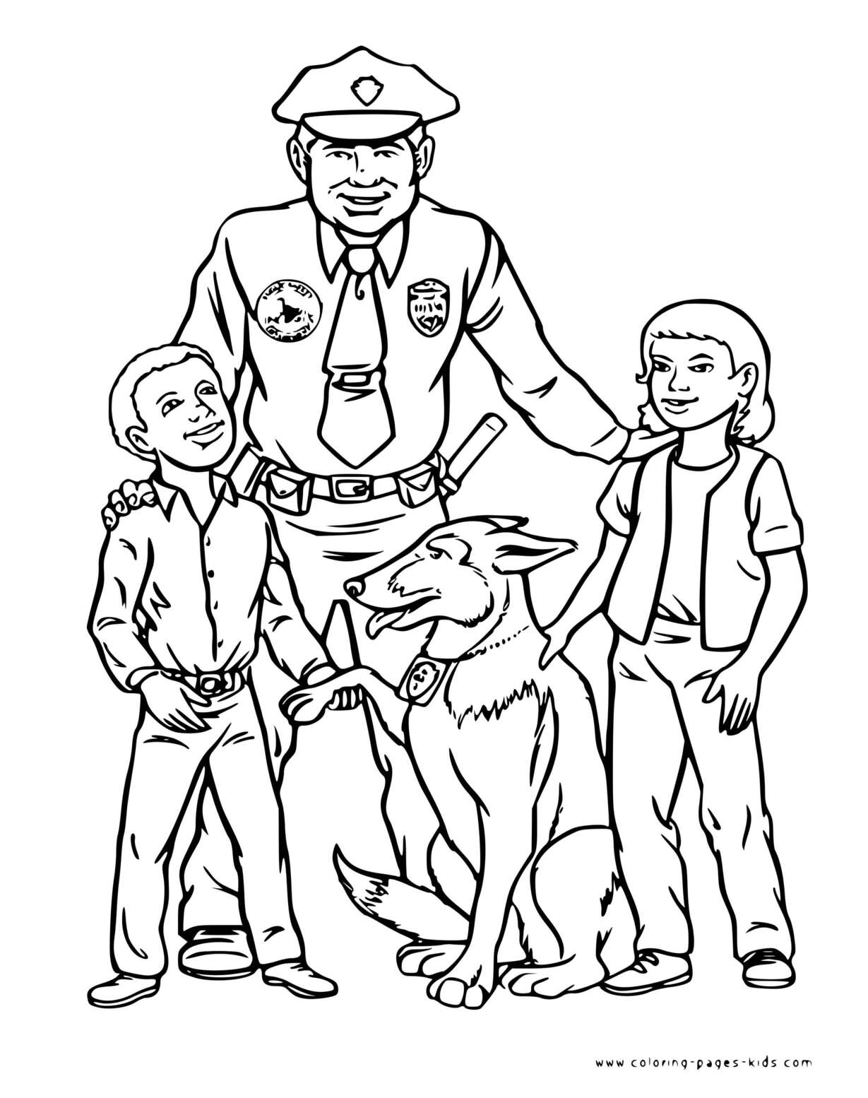 Coloriage Chien Policier Et Officier Avec Deux Enfants - Police à imprimer