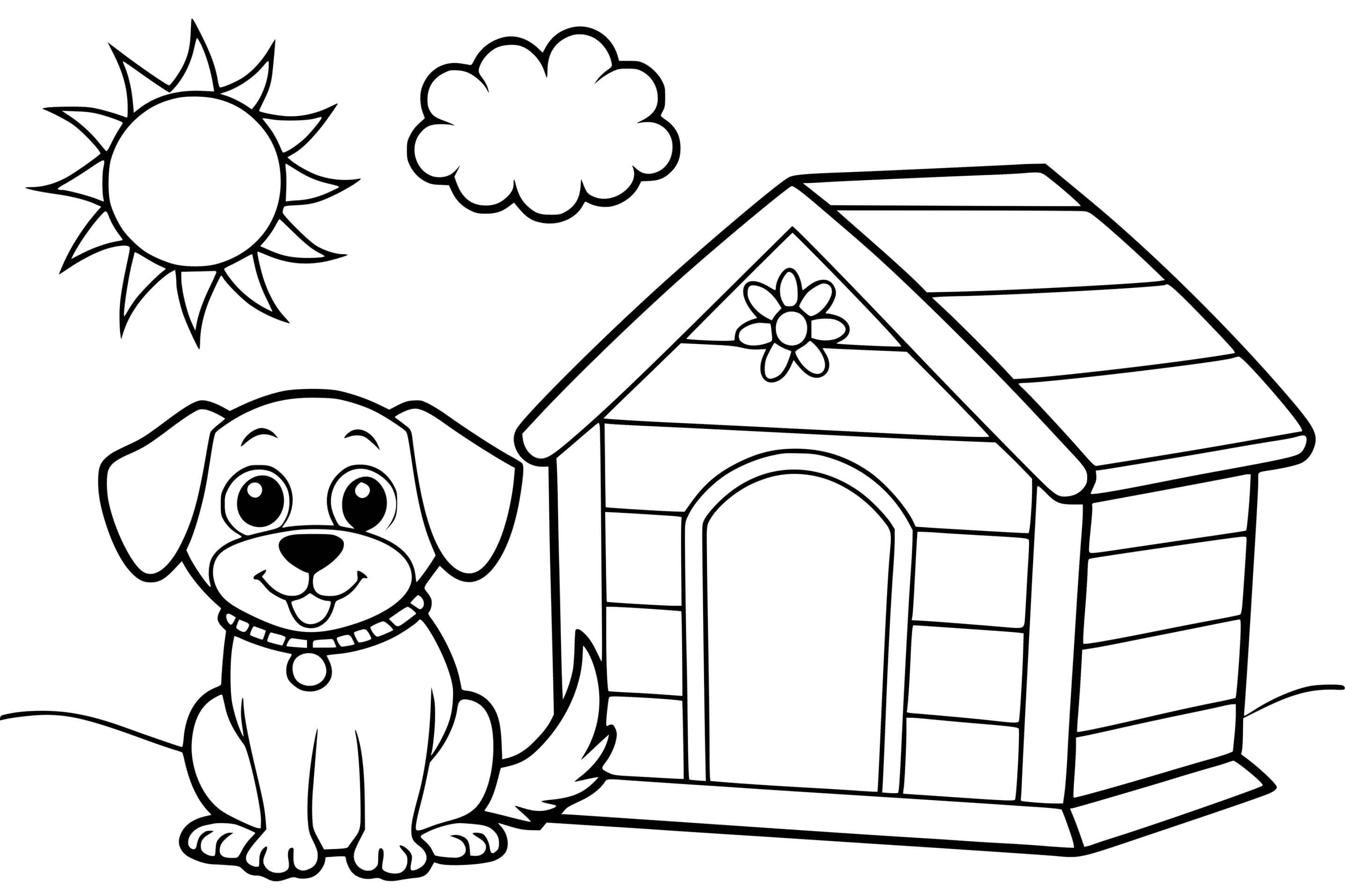 Coloriage Chien Soleil Nuage Maison Maternelle Facile - Chien à imprimer