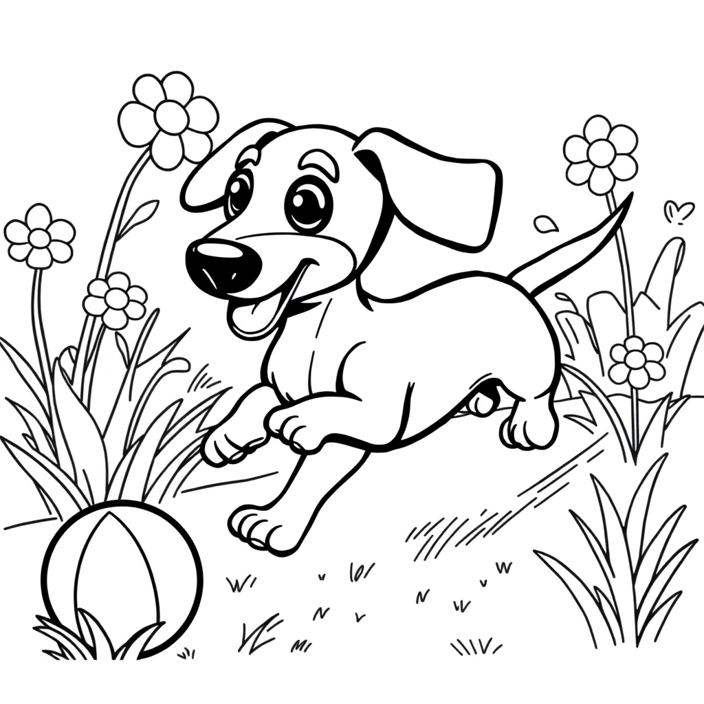 Coloriage Teckel explorant un jardin fleuri - Chien mignon à imprimer