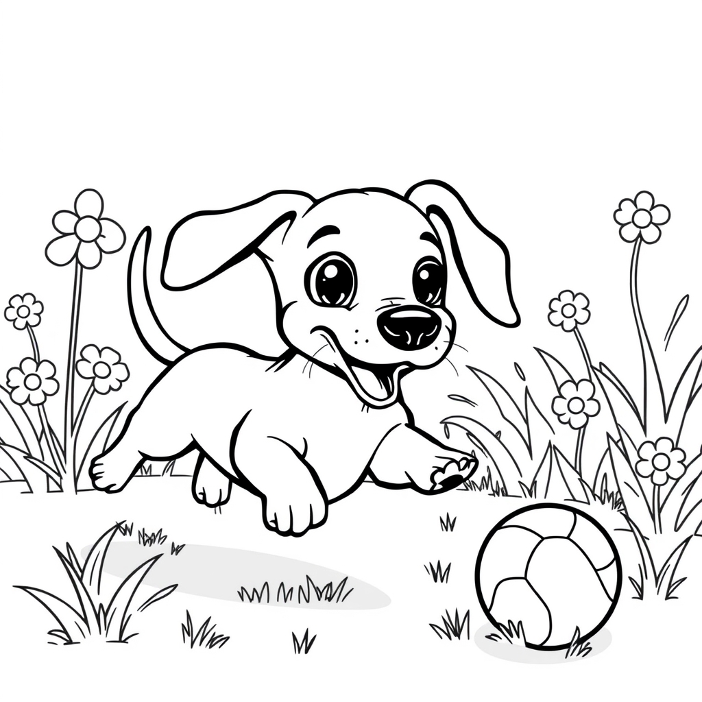 Coloriage Teckel espiègle jouant dans le jardin - Chien mignon à imprimer