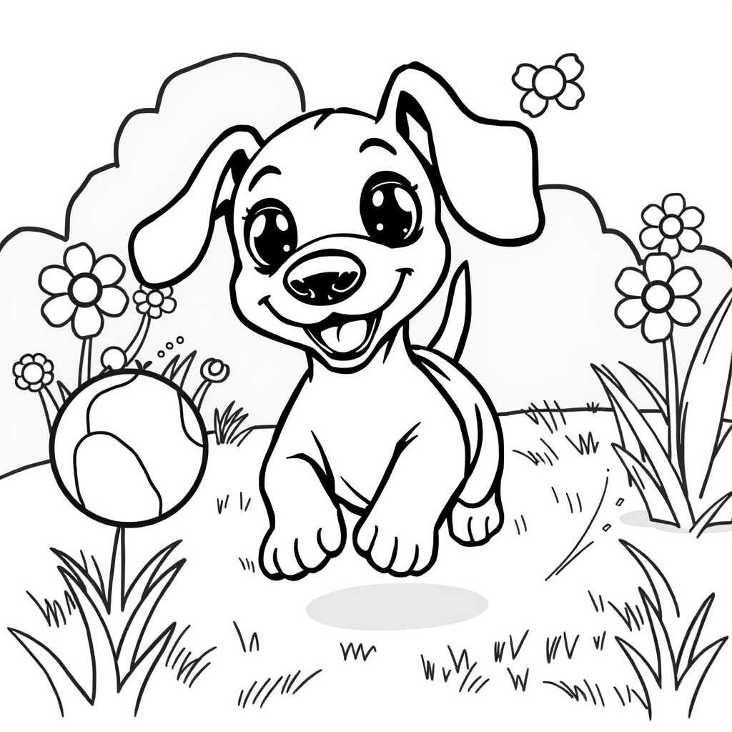 Coloriage Petit teckel découvrant les fleurs du jardin - Chien mignon à imprimer