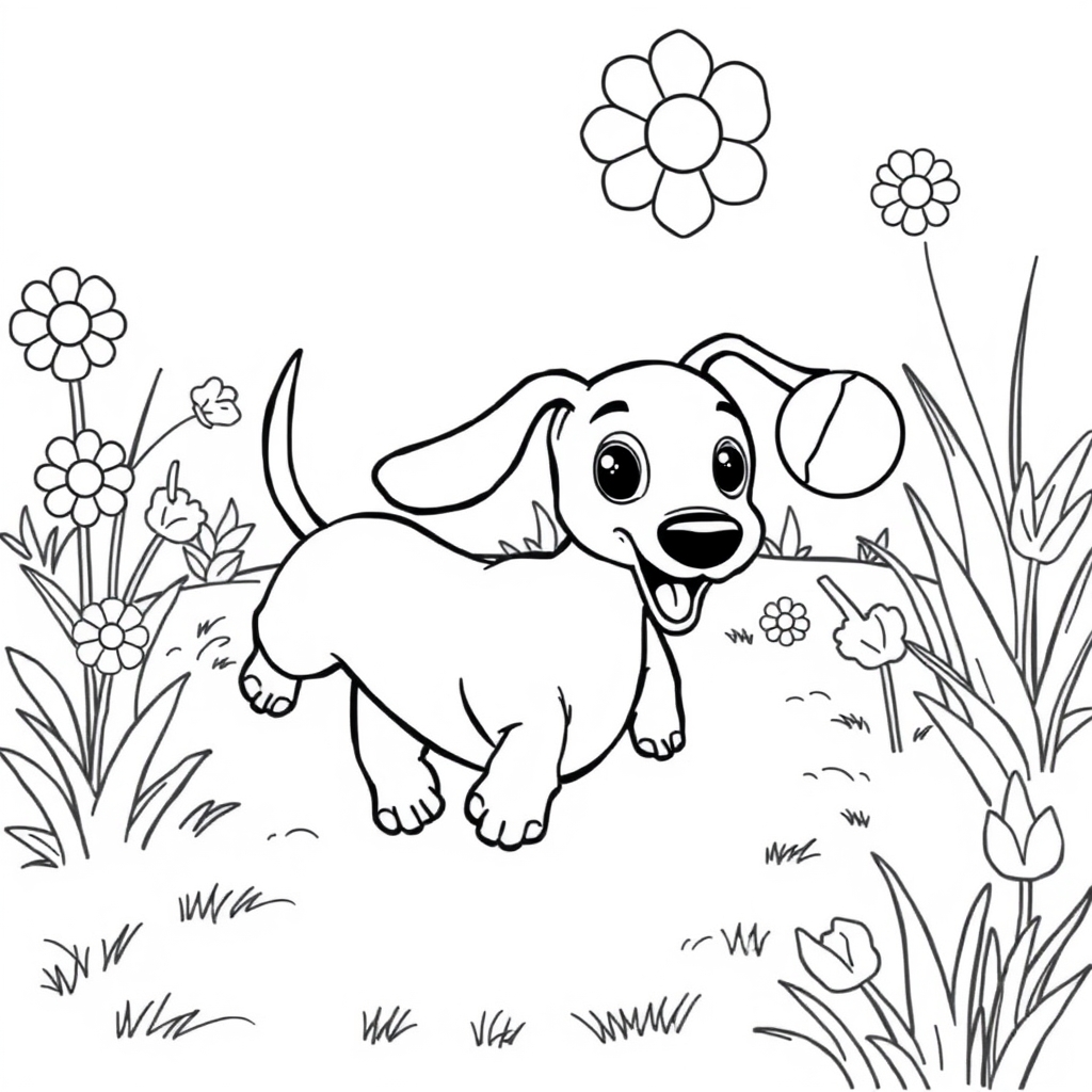 Coloriage Teckel au repos sous le soleil du jardin - Chien mignon à imprimer