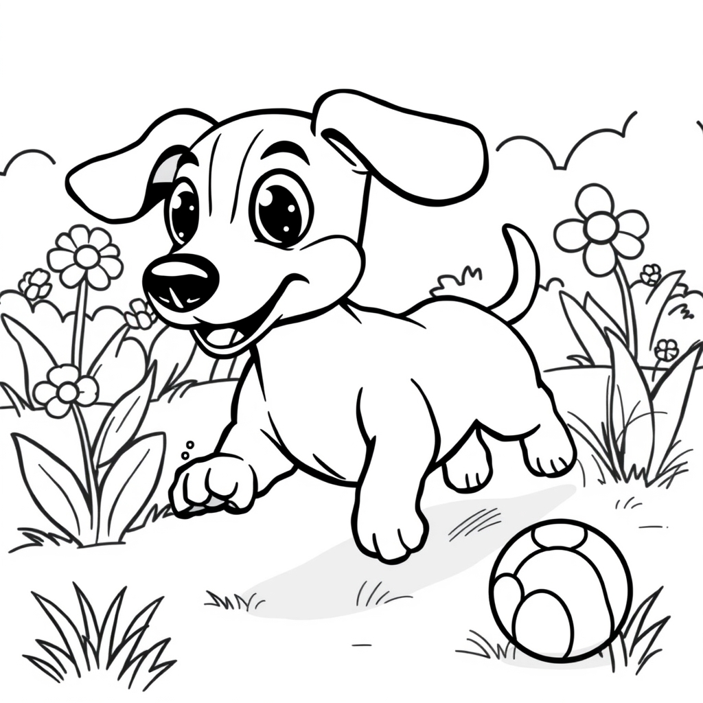 Coloriage Teckel jouant dans un jardin fleuri - Chien mignon à imprimer