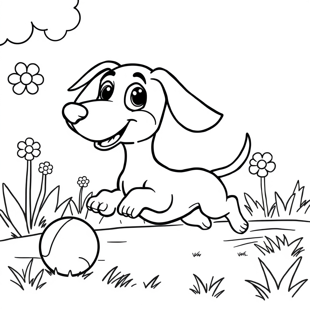Coloriage Petit teckel explorant le jardin - Chien mignon à imprimer