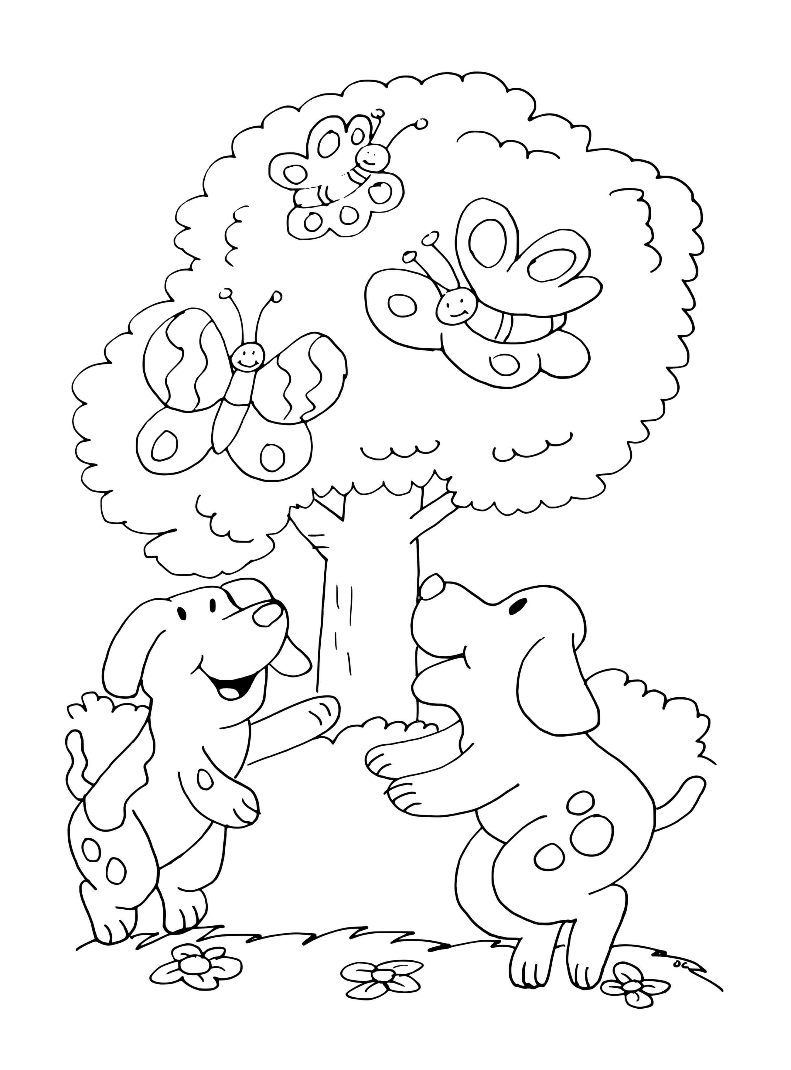 Coloriage Chiens Dans Le Jardin Près Dun Arbre Autour De Papillons - Chien à imprimer