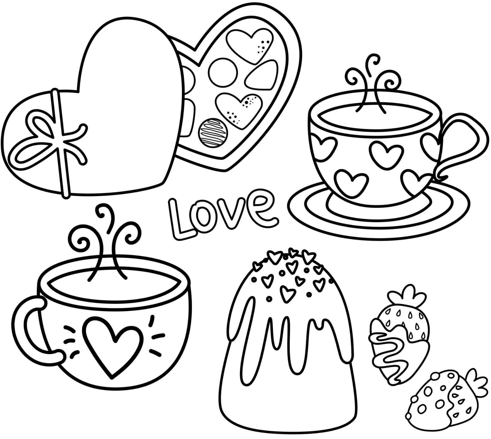 Coloriage Chocolat En Forme De Cœurs Café Et Fraise Au Chocolat - Saint-Valentin à imprimer