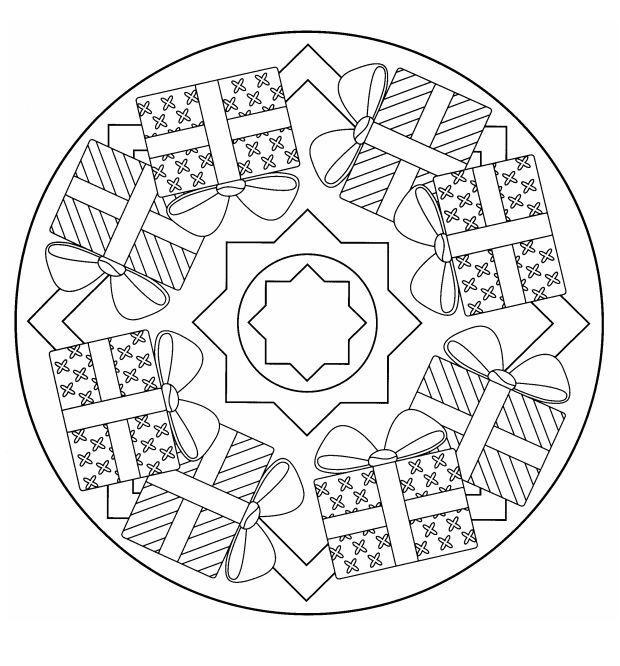 Coloriage Mandala Noël cadeaux adulte - Mandala de Noël à imprimer