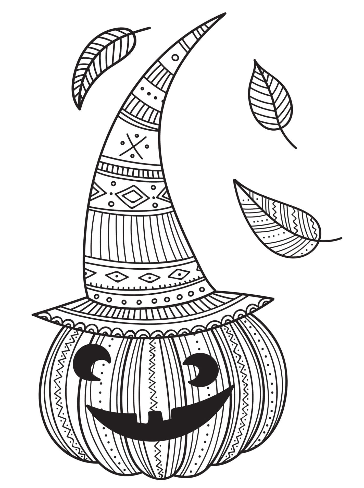 Coloriage Citrouille Avec Chapeau De Sorcière Et Feuilles D'Automne - Halloween à imprimer