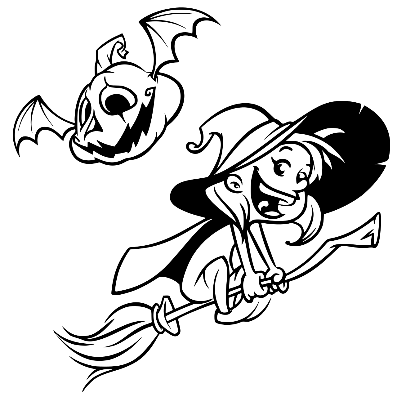 Coloriage Citrouille Et Sorcière Dans Les Airs - Halloween à imprimer