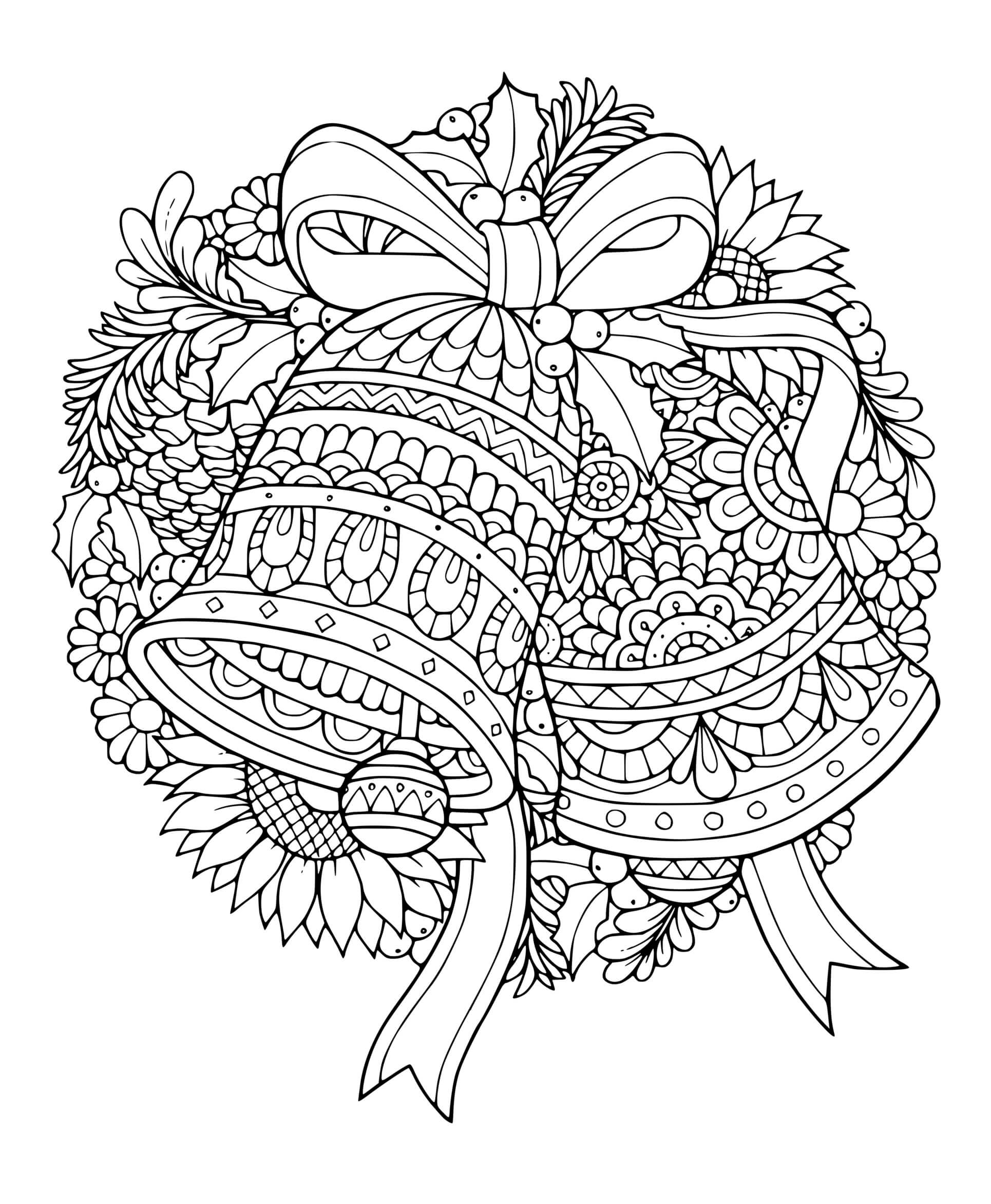 Coloriage Cloches De Noël Guirlande Et Couronne Noël - Couronne de Noël à imprimer