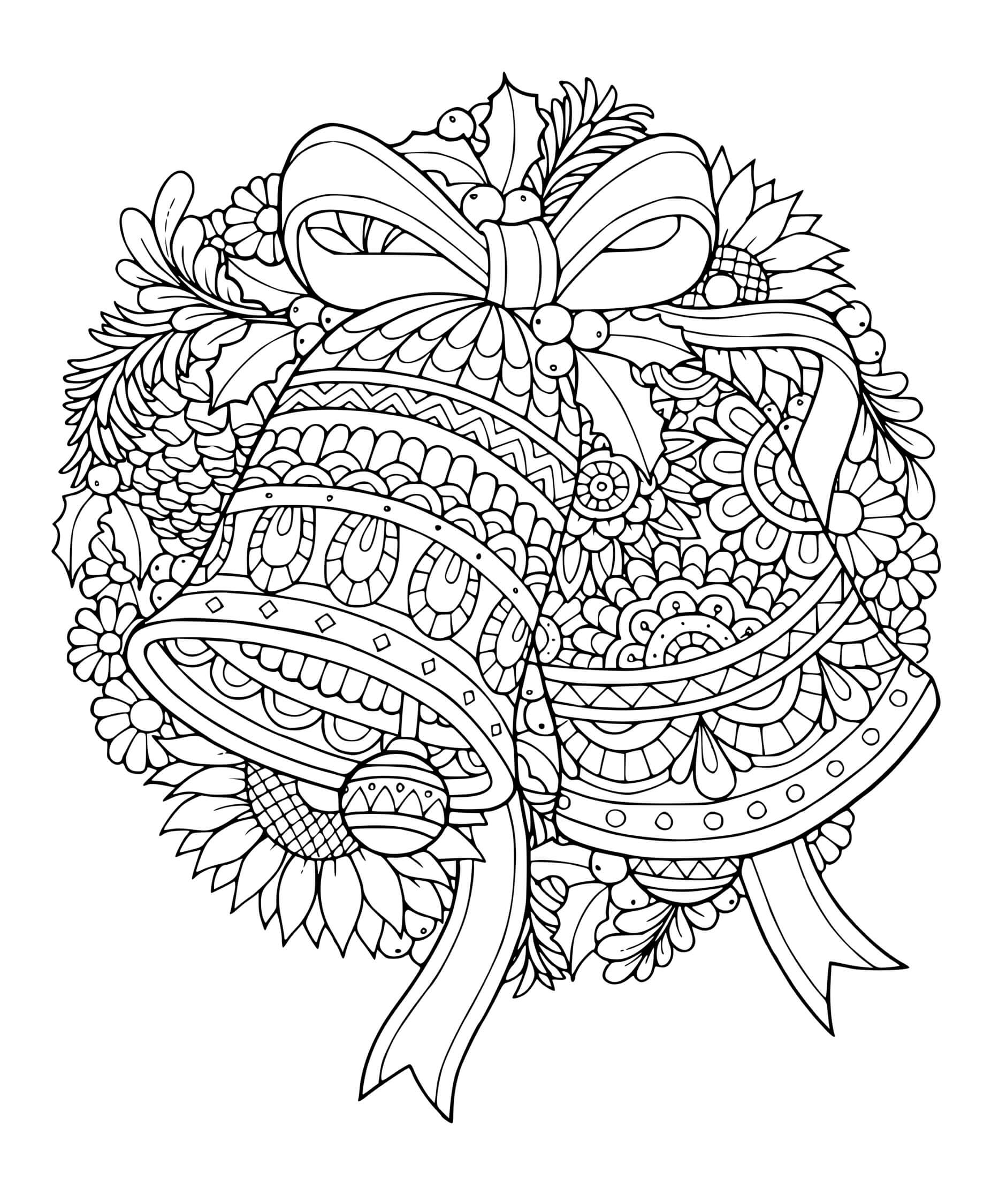 Coloriage Cloches De Noël Guirlande Et Couronne - Mandala de Noël à imprimer