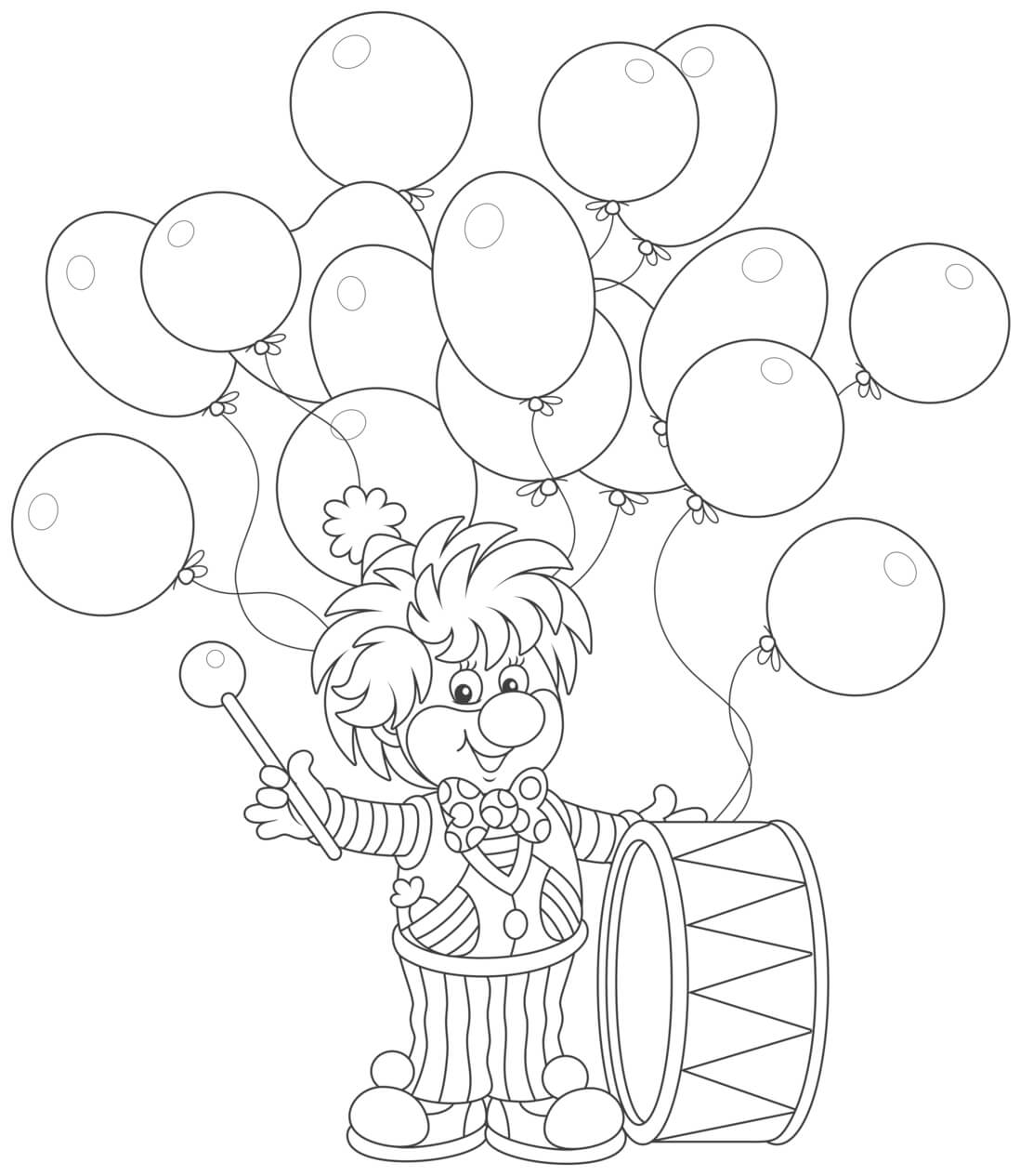 Coloriage Clown Avec Un Tambour Et Des Balons - Clown à imprimer