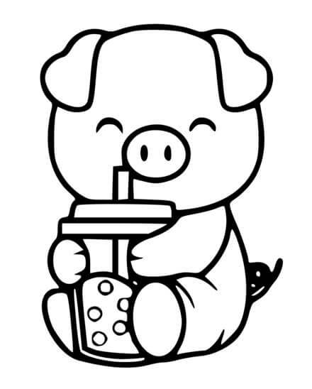 Coloriage Cochon Mignon Boit Un Bubbletea - Cochon à imprimer