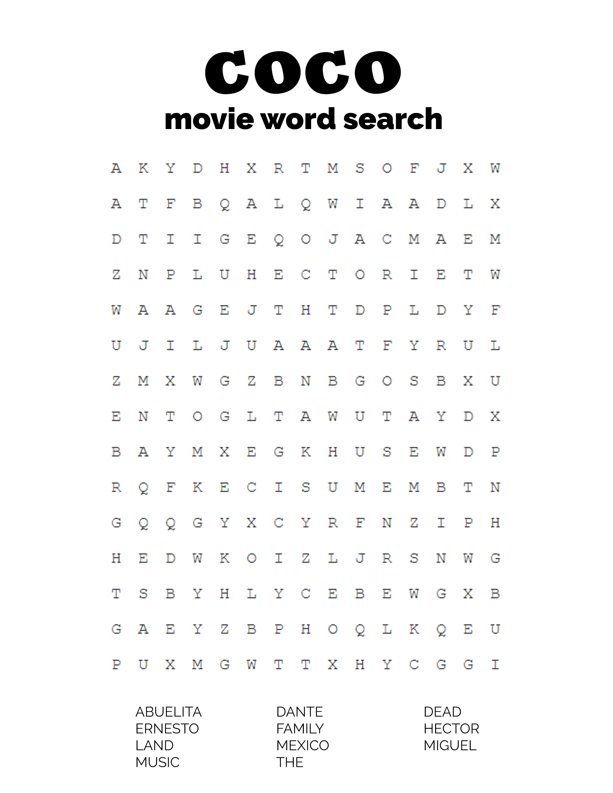 Coloriage Coco Movie Word Search - Coco Disney à imprimer