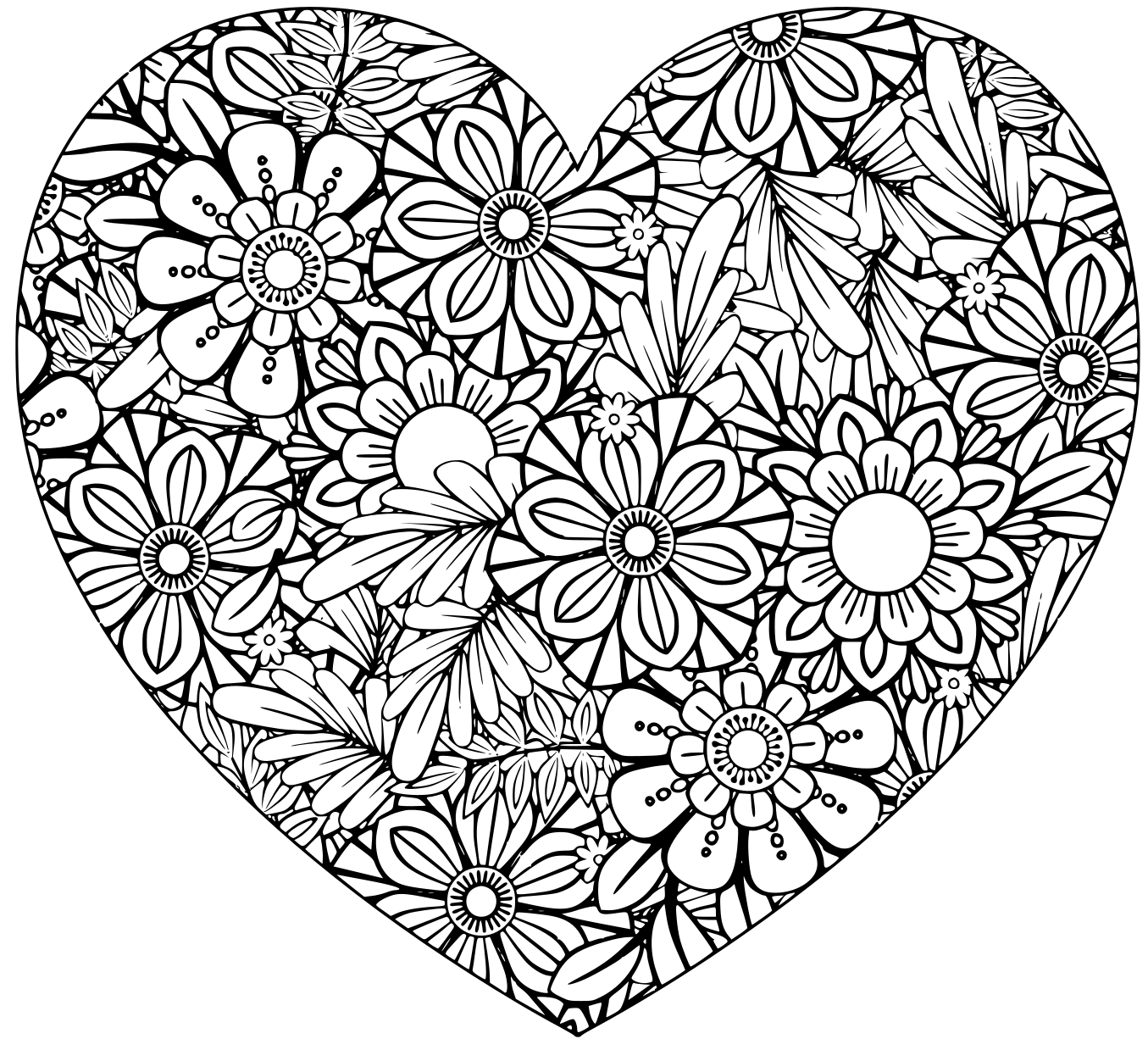 Coloriage Cœur Avec Pattern Fleurs Et Nature Relaxation Adulte - Saint-Valentin à imprimer