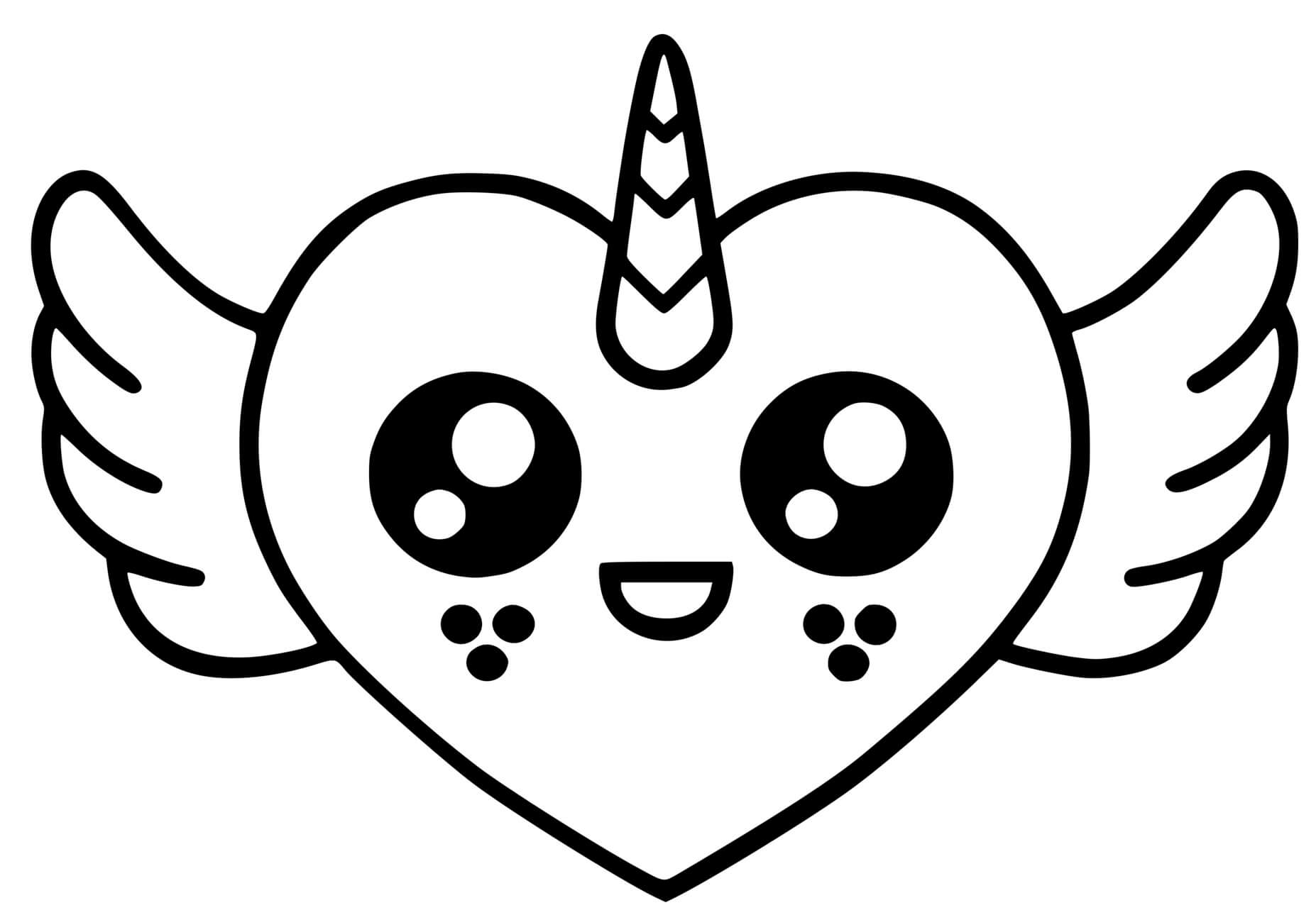 Coloriage Cœur Licorne Avec Des Ailes Kawaii - Dessin facile mignon à imprimer