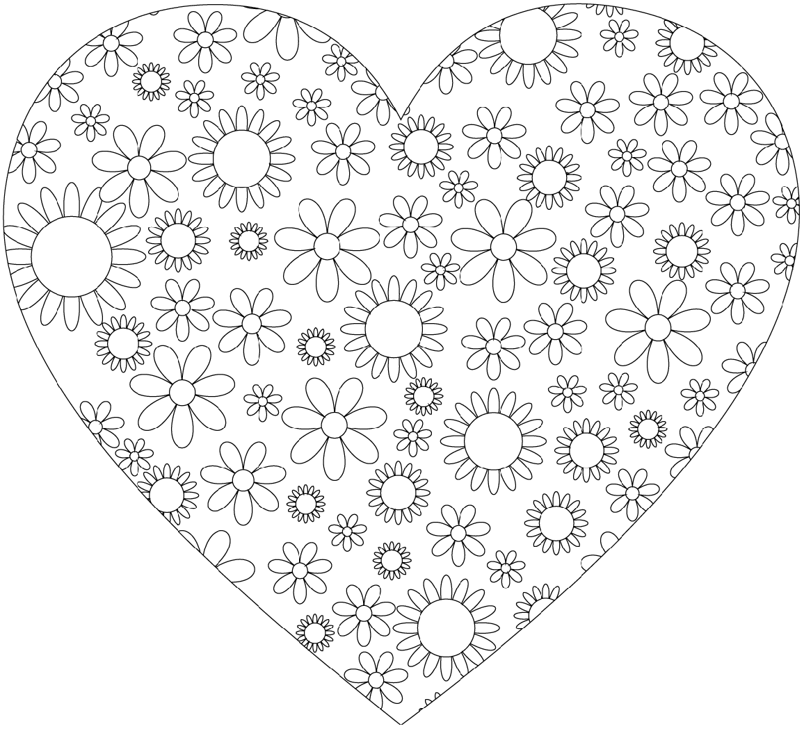 Coloriage Cœur simple orné de fleurs - Coeur à imprimer