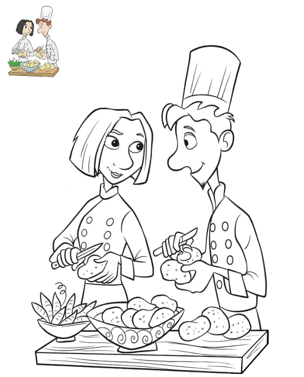 Coloriage Colette Tatou Et Alfredo Linguini Preparent Des Pommes De Terre - Ratatouille à imprimer