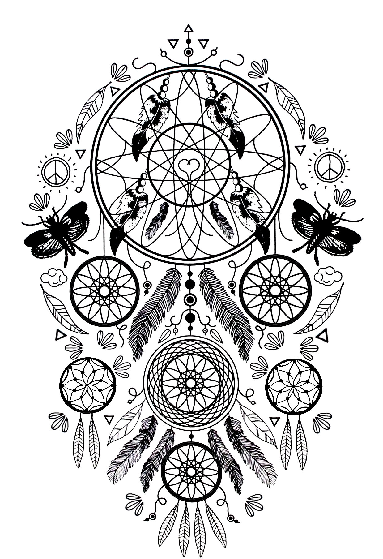 Coloriage Complexe Attrape Rêve Plumes Et Papillons - Adulte à imprimer