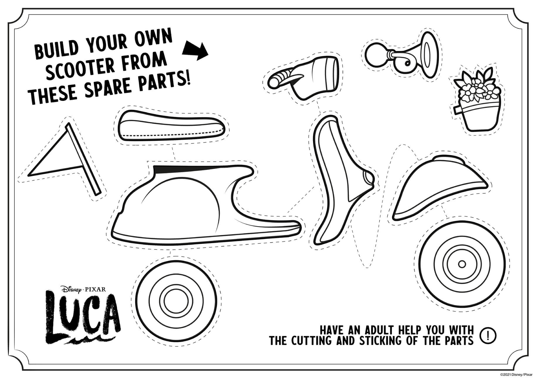Coloriage Construire Sa Propre Moto Bricolage - Luca de Disney Pixar à imprimer