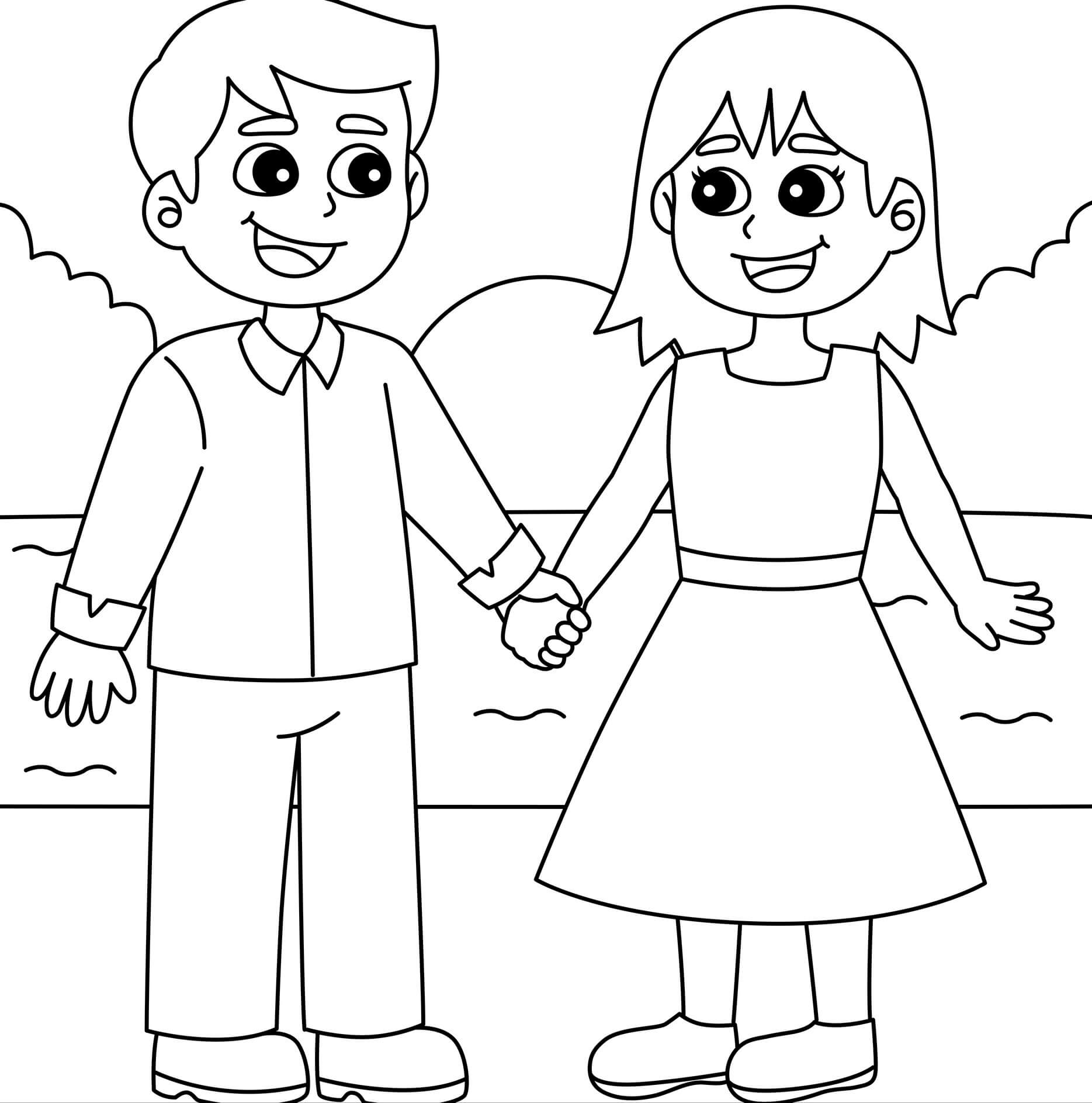 Coloriage Couple Amoureux Main Dans La Main Février - Février à imprimer