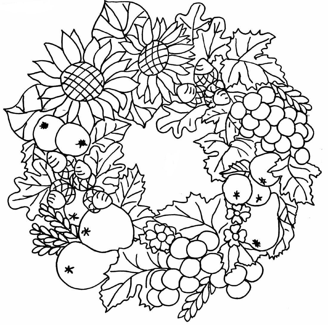 Coloriage Couronne Automne Feuilles Fruits - Automne à imprimer