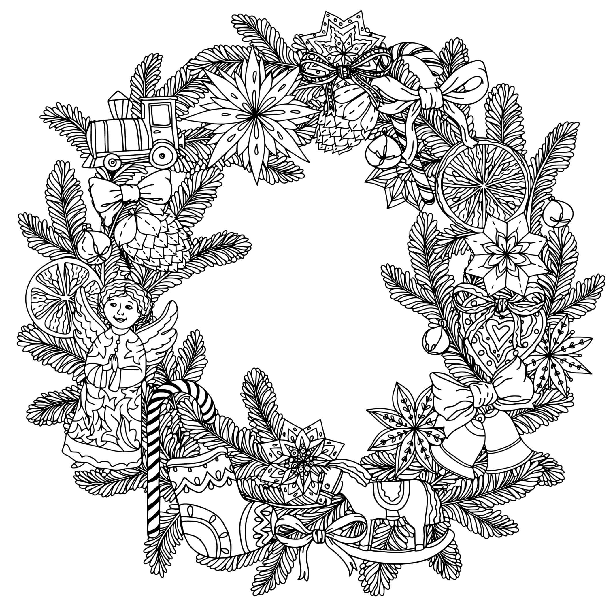 Coloriage Couronne De Noël Zentangle - Noël adulte à imprimer