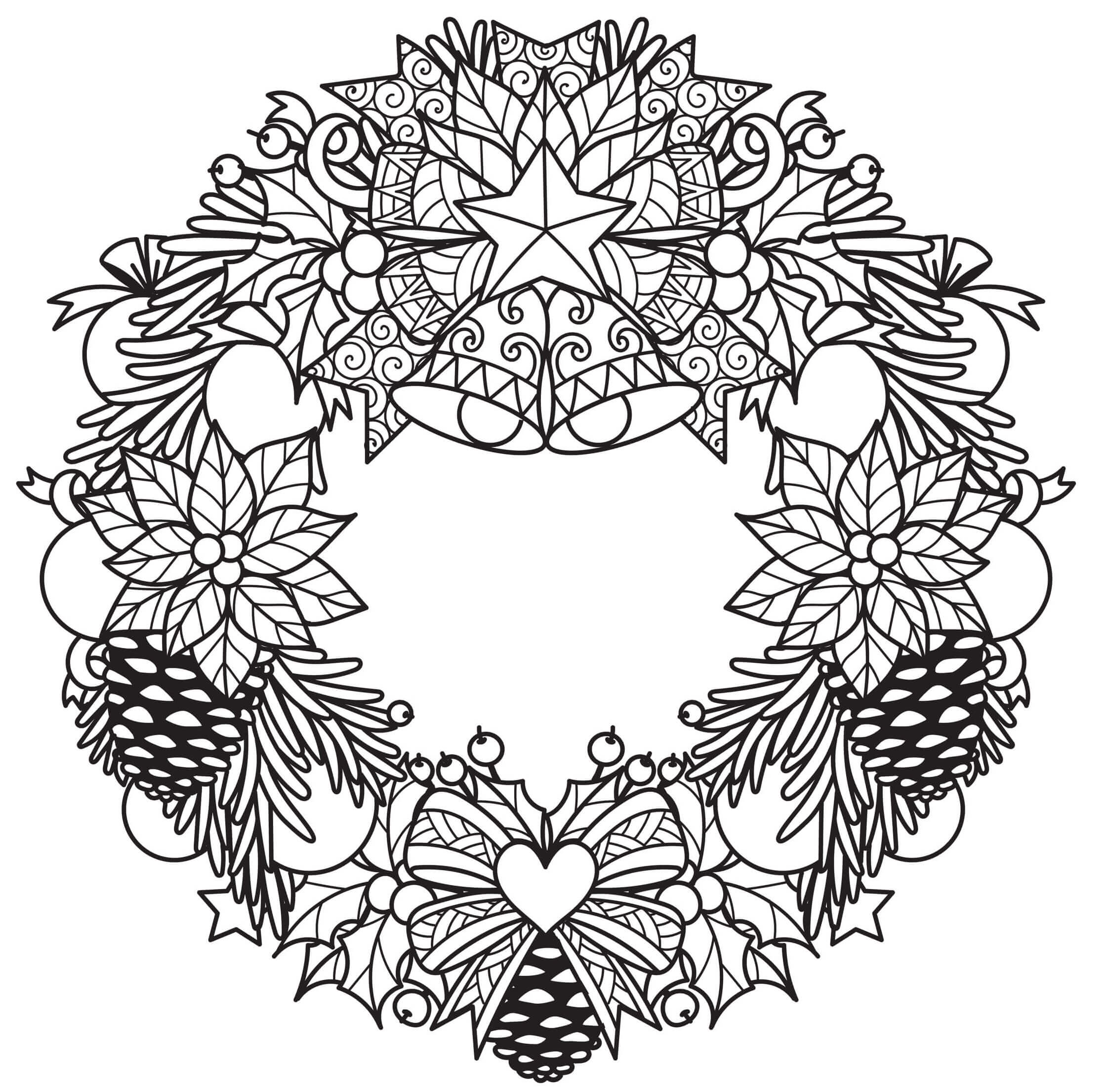 Coloriage Couronne Et Décorations De Noël - Mandala de Noël à imprimer