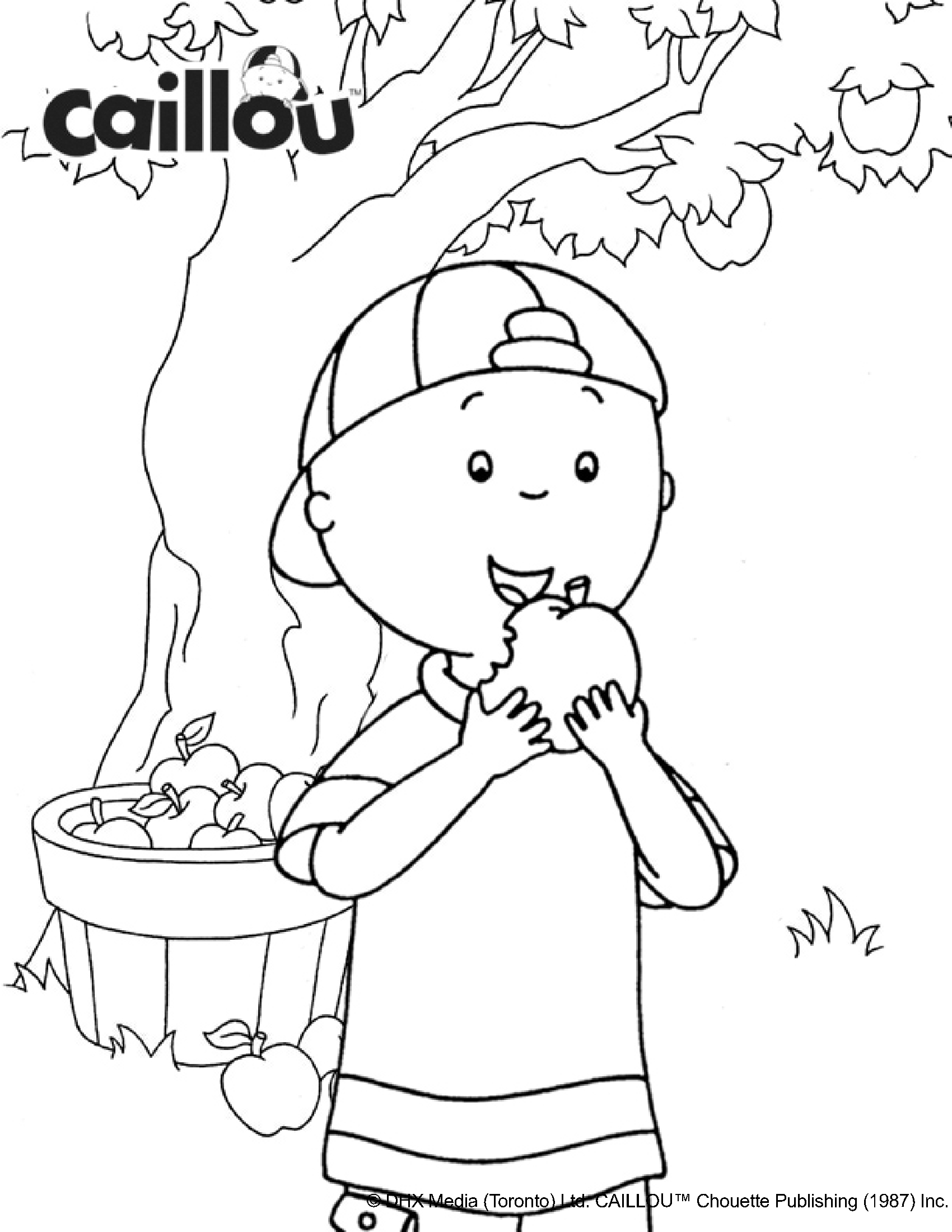 Coloriage Cueillette De Pommes Avec Caillou Qui Mange Une Pomme - Caillou à imprimer