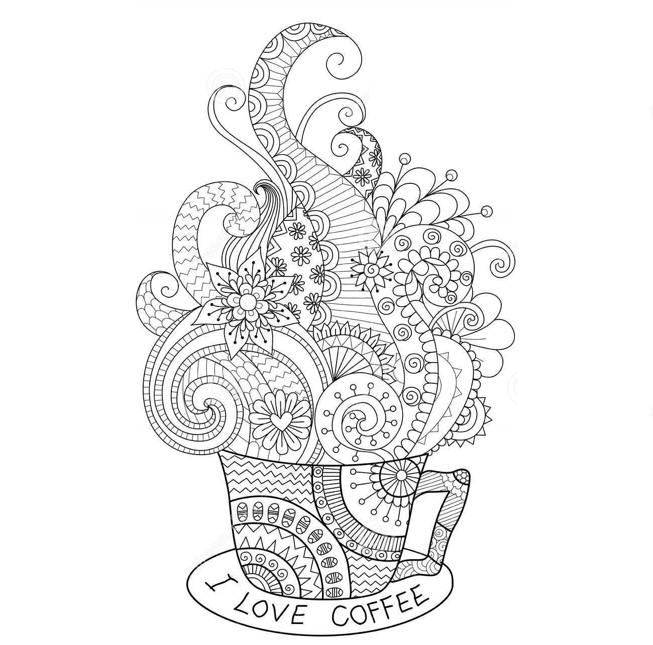 Coloriage Cup Hot Coffee Zentangle Design Adulte - Café à imprimer