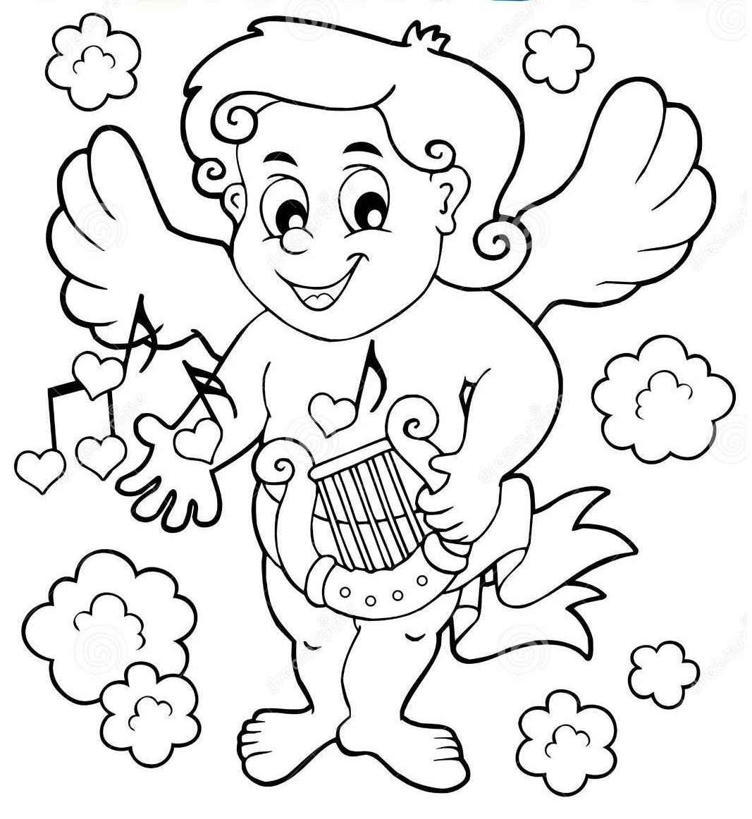 Coloriage Cupidon Joue De La Musique - Saint-Valentin à imprimer