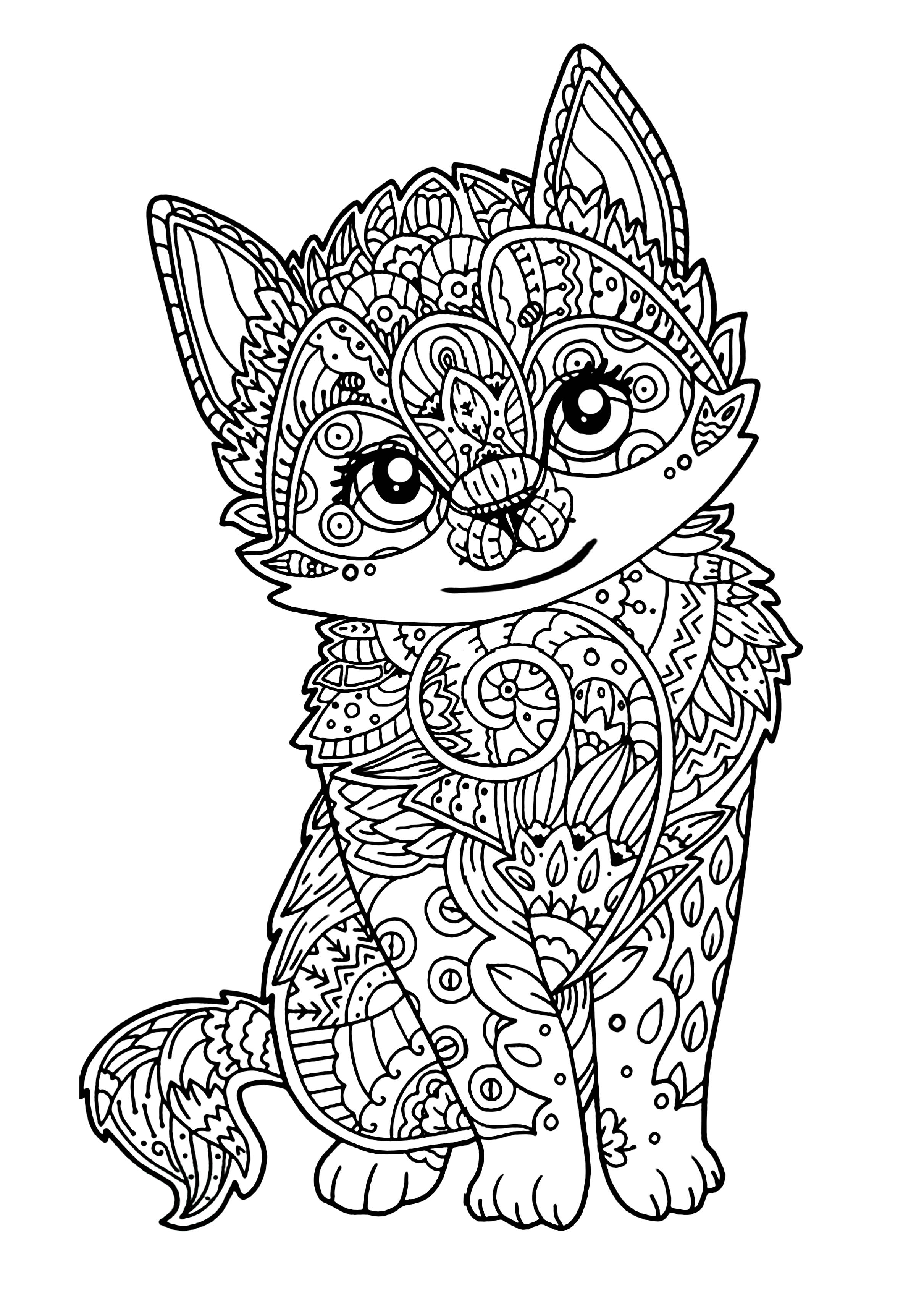 Coloriage Chat mignon - Zentangle relaxant - Adulte à imprimer