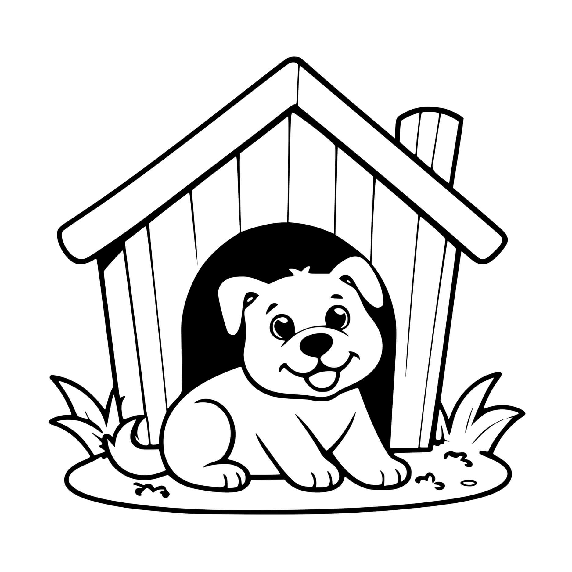 Coloriage Chien facile devant sa maison - Chien mignon à imprimer