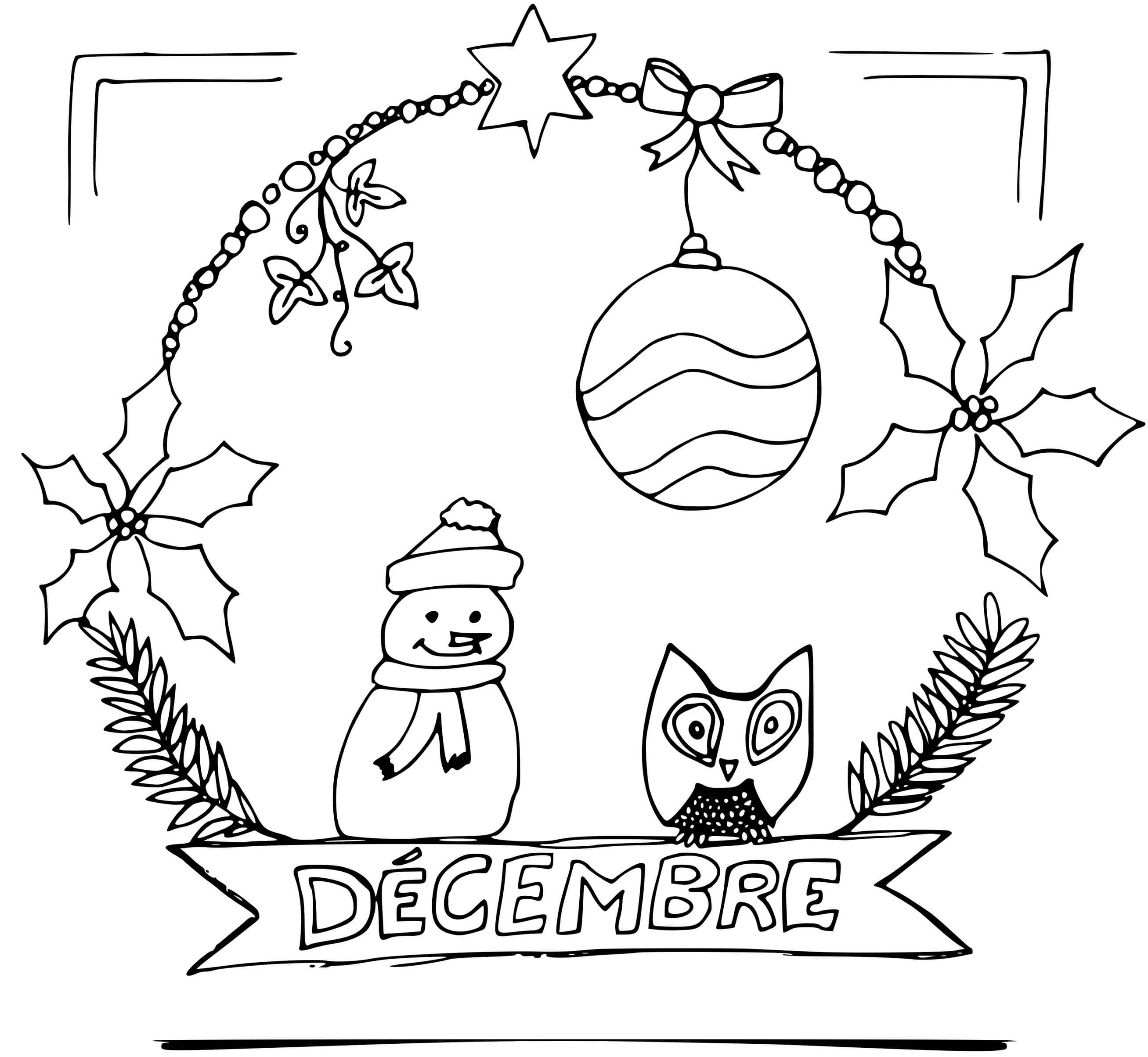 Coloriage Décembre Bonhomme De Neige Et Couronne De Noël - Décembre à imprimer