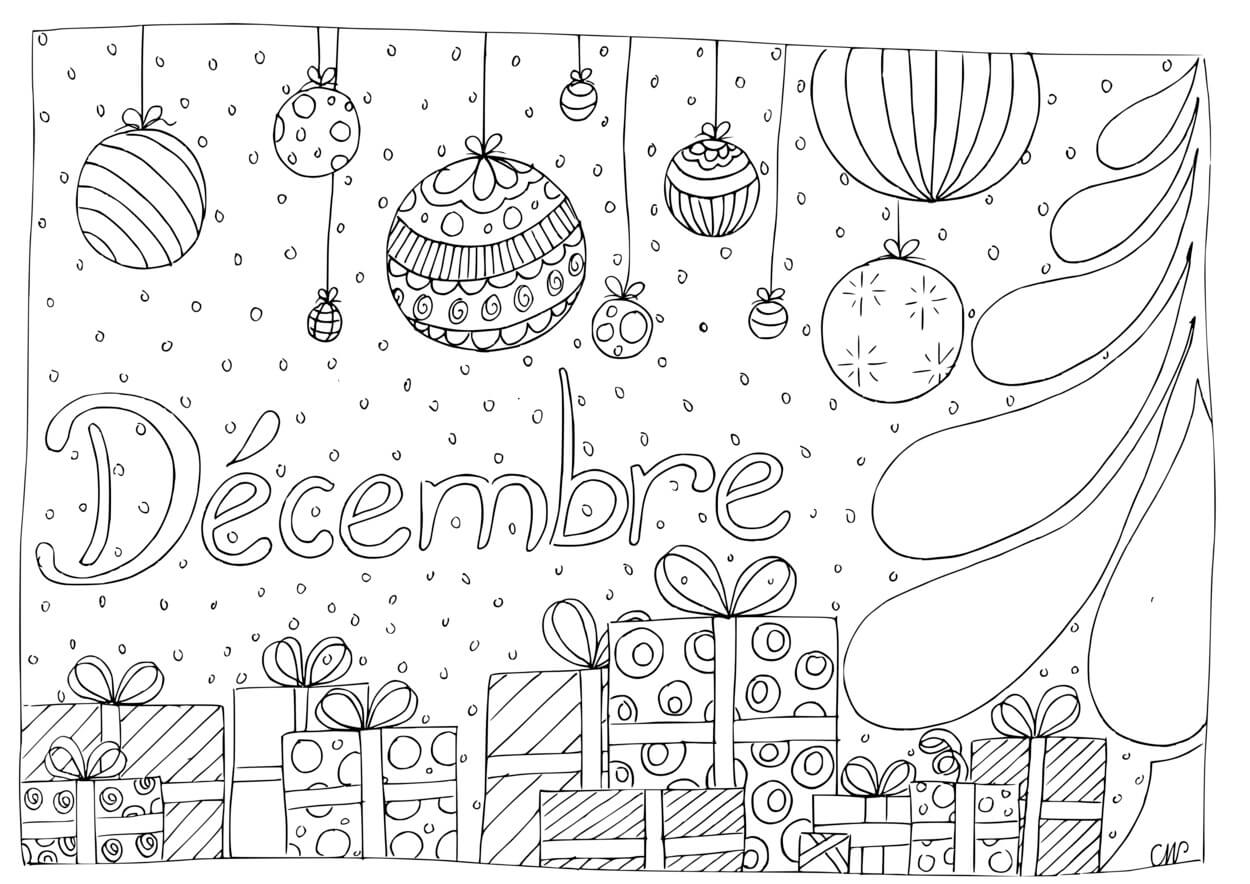 Coloriage Décembre Cadeaux Boules Et Sapin De Noël - Décembre à imprimer