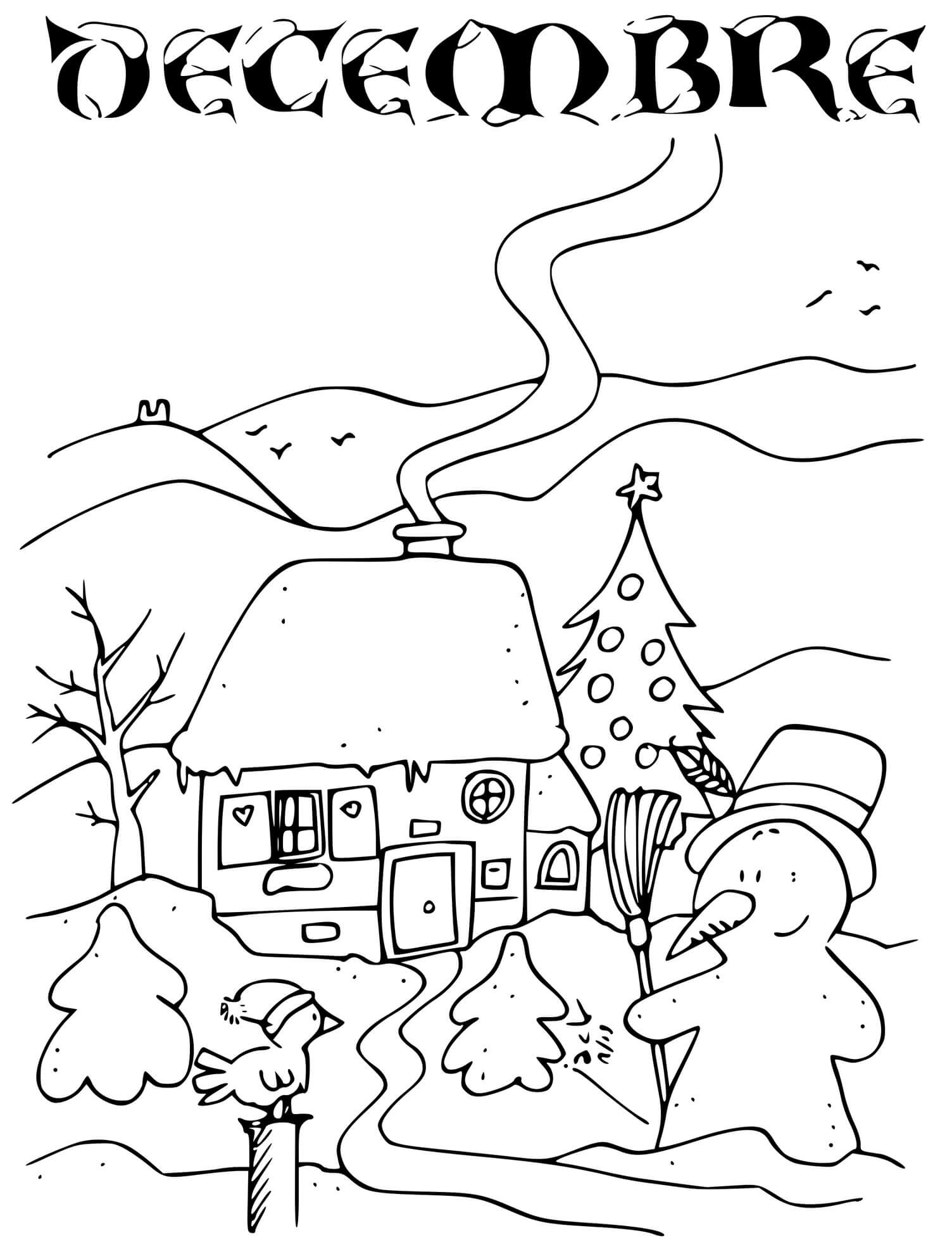 Coloriage Décembre Hiver Et Neige Sur Une Maison Avec Sapin - Décembre à imprimer